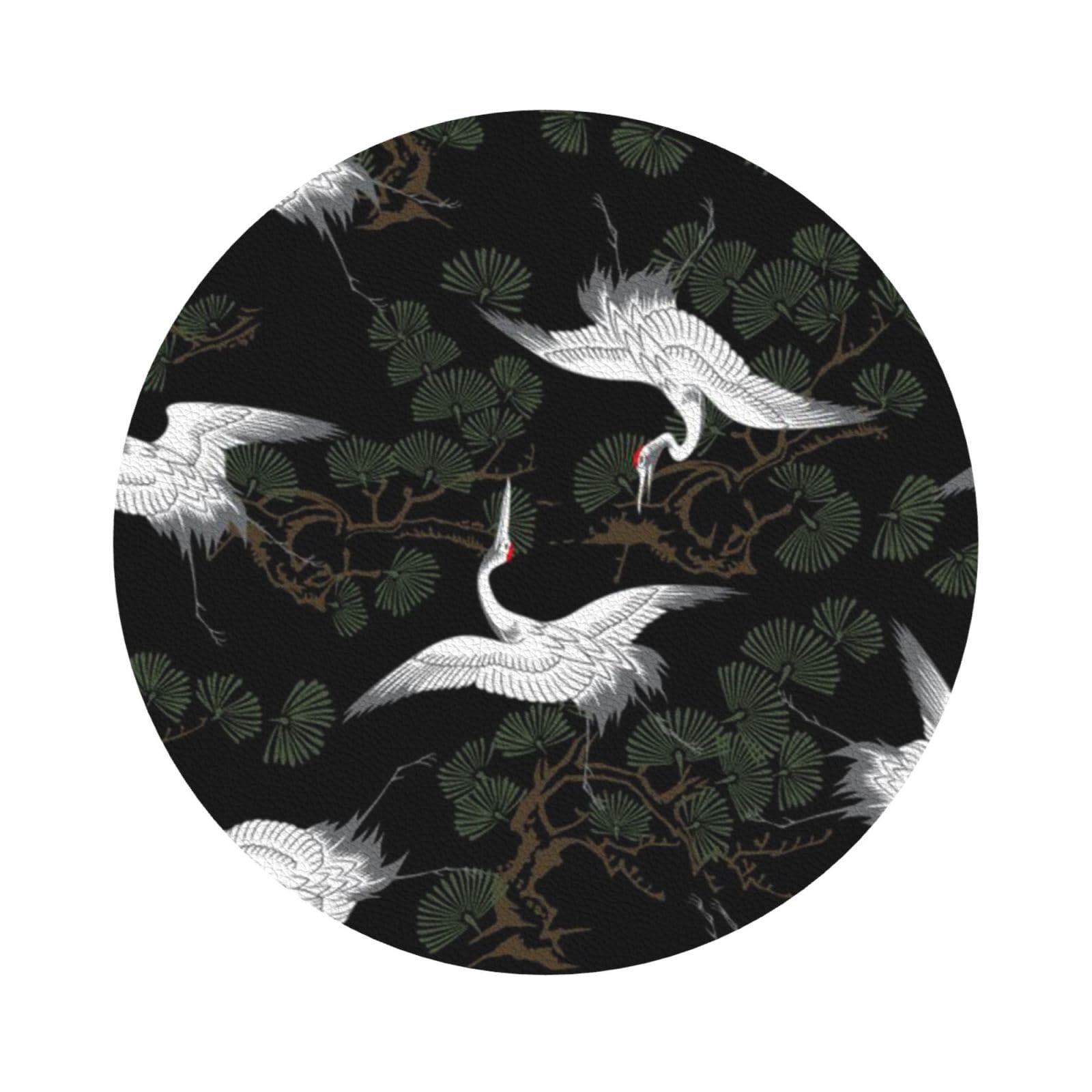 Japanese Crane & Pine PU Leather Coasters Set of 6 Round Drink Coasters