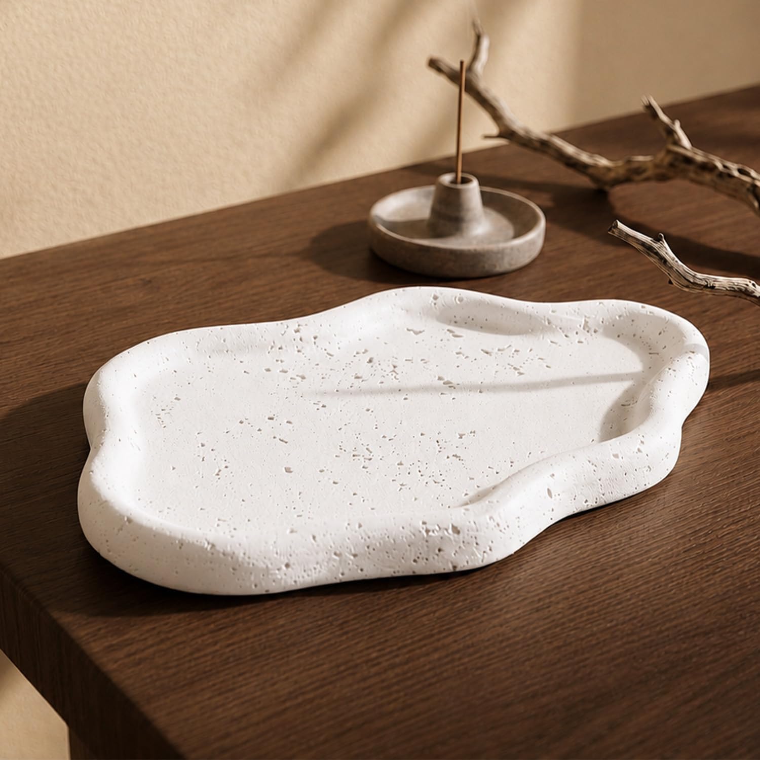 Travertine Small Jewelry Dish for Countertop Trinket Vanity Tray Perfume Tray Decorative Bedside Tray Room Decor Ring Dish Key Tray for Bathroom Office Entrance (White) image 2