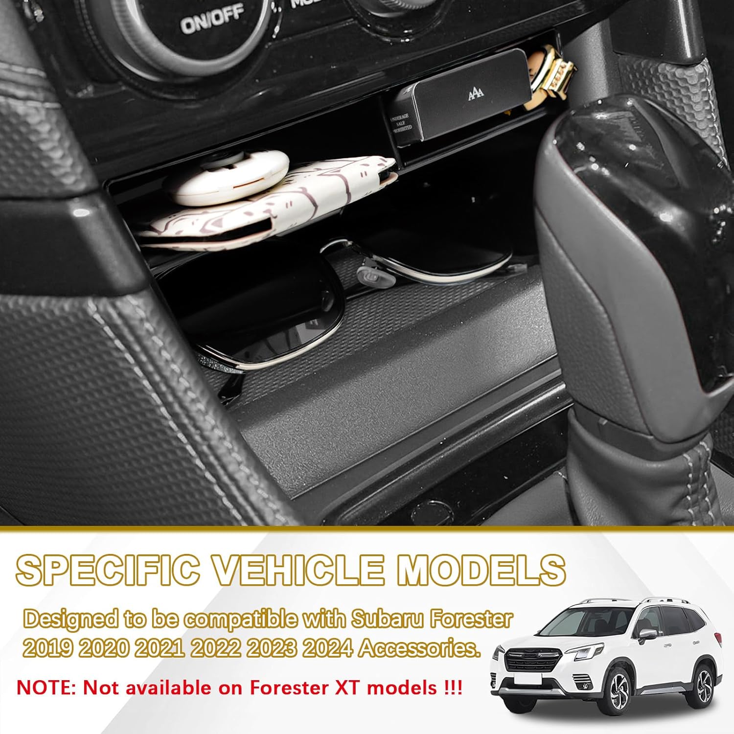 center console organizer compatible with subaru forester 2019 2020 2021 2022 2023 2024 accessories, middle console storage box insert tray secondary compartment charging hole (not for xt)