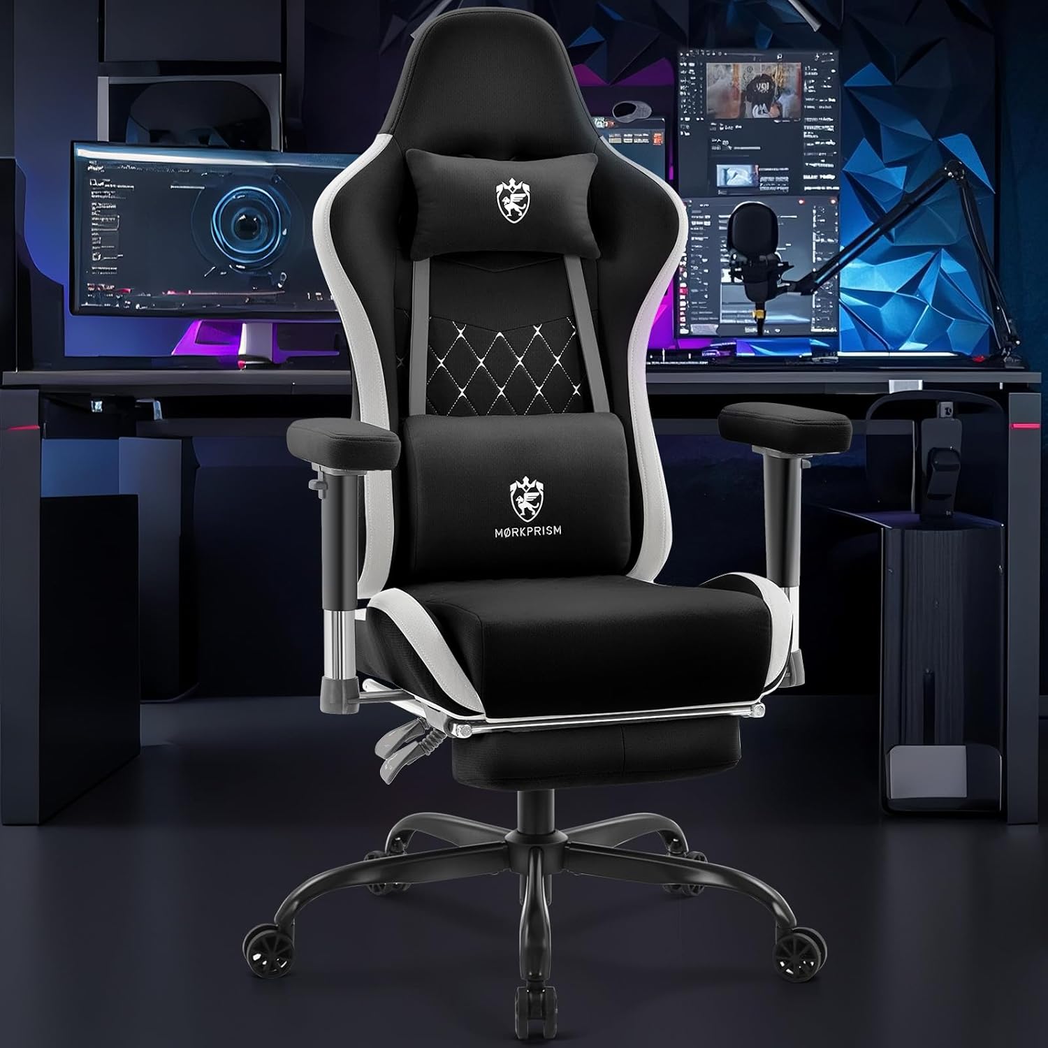 Gaming Chair Breathable Fabric,Computer Office Chair with Footrest,Massage Lumbar Support and Gel Pad,Ergonomic Reclining Gamer Chair with Adjustable Armrests and Spring Cushion Black Grey - Image 2