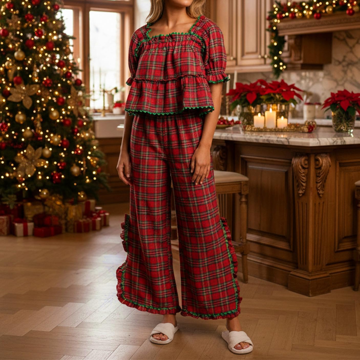 Bocymolay Women Christmas Red Plaid Pajamas Set Gingham Short Sleeve Babydoll Shirt Ruffle Pants 2 Piece Pj Loungewear - Image 6