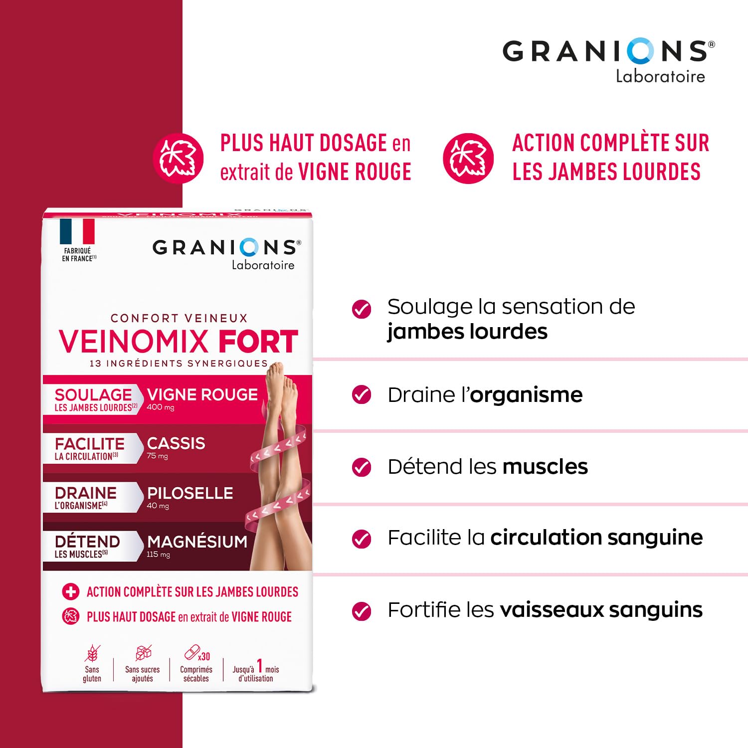 GRANIONS – VEINOMIX FORT – Circulation Sanguine Jambes & Retention D'eau Drainant Puissant – Vigne Rouge Circulation + Cassis + Piloselle + Magnésium – Jambes Lourdes – 90Comprimés – Cure 3Mois