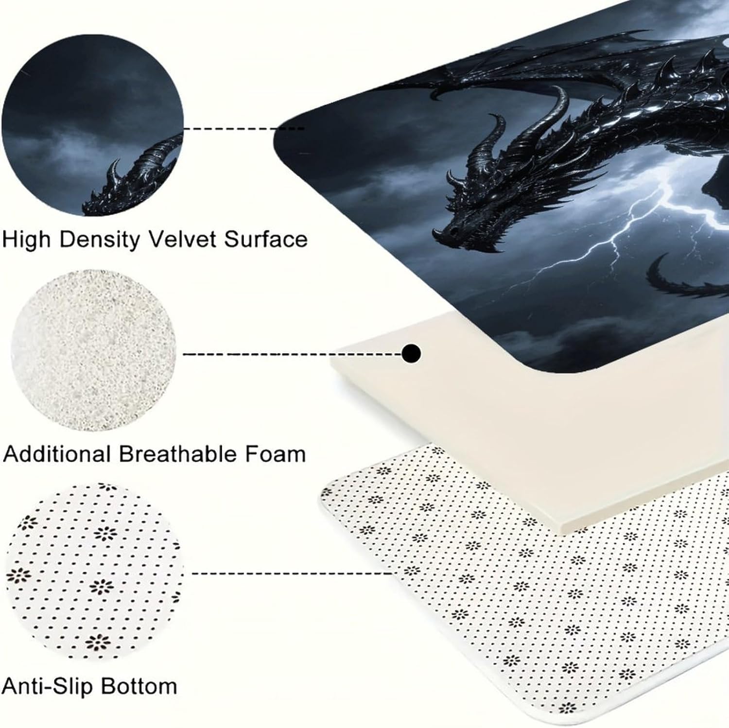 Black Dragon Kitchen Rugs Sets of 3 Non Slip Kitchen Mat for Floor Comfort Standing Rug and Mats Thick Cushioned Long Area Carpets for Laundry Room Entryway