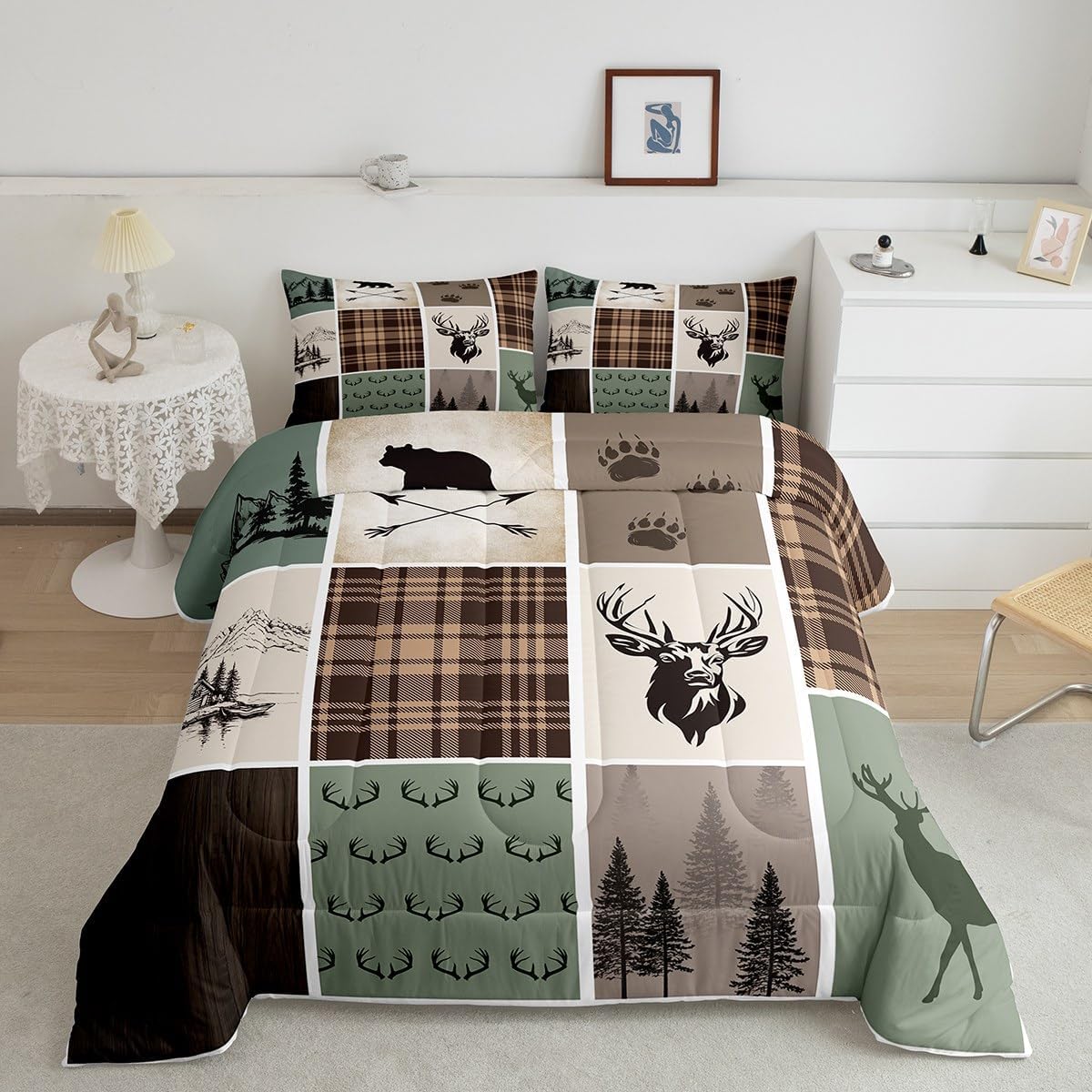 Feelyou Rustic Cabin Deer Bedding Set Queen Size Kids Hunting Country Farmhouse Comforter Cover for Boys Girls Teens Wild Animal Duvet Cover Green Quilt Set Breathable Soft Lightweight Microfiber