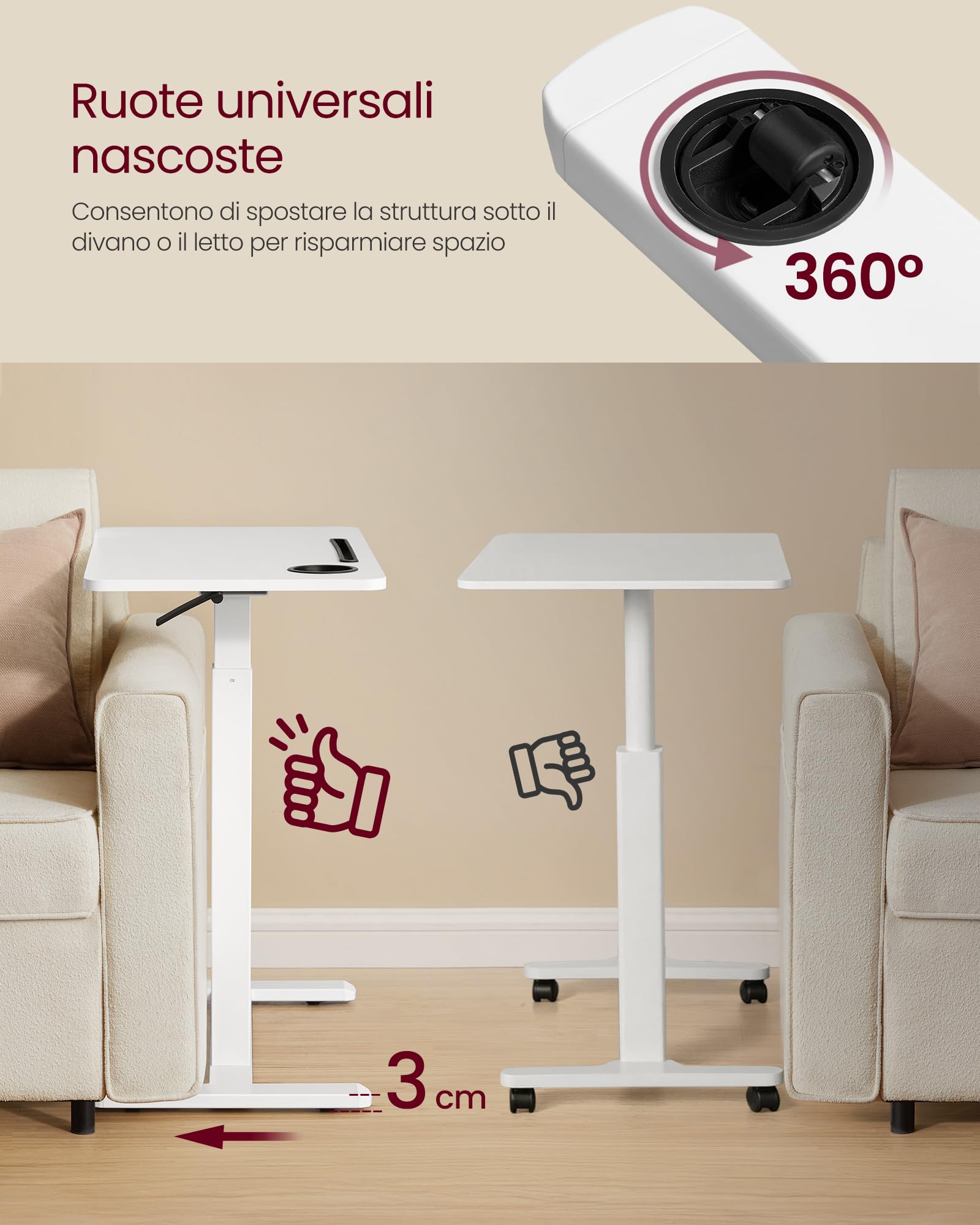 VASAGLE Scrivania con Ruote, Tavolino con Rotelle, Piano 70 x 40 cm, Regolabile in Altezza, 2 Portabicchieri, Slot per Cellulare o Tablet, Bianco Nuvola LSD600W01
