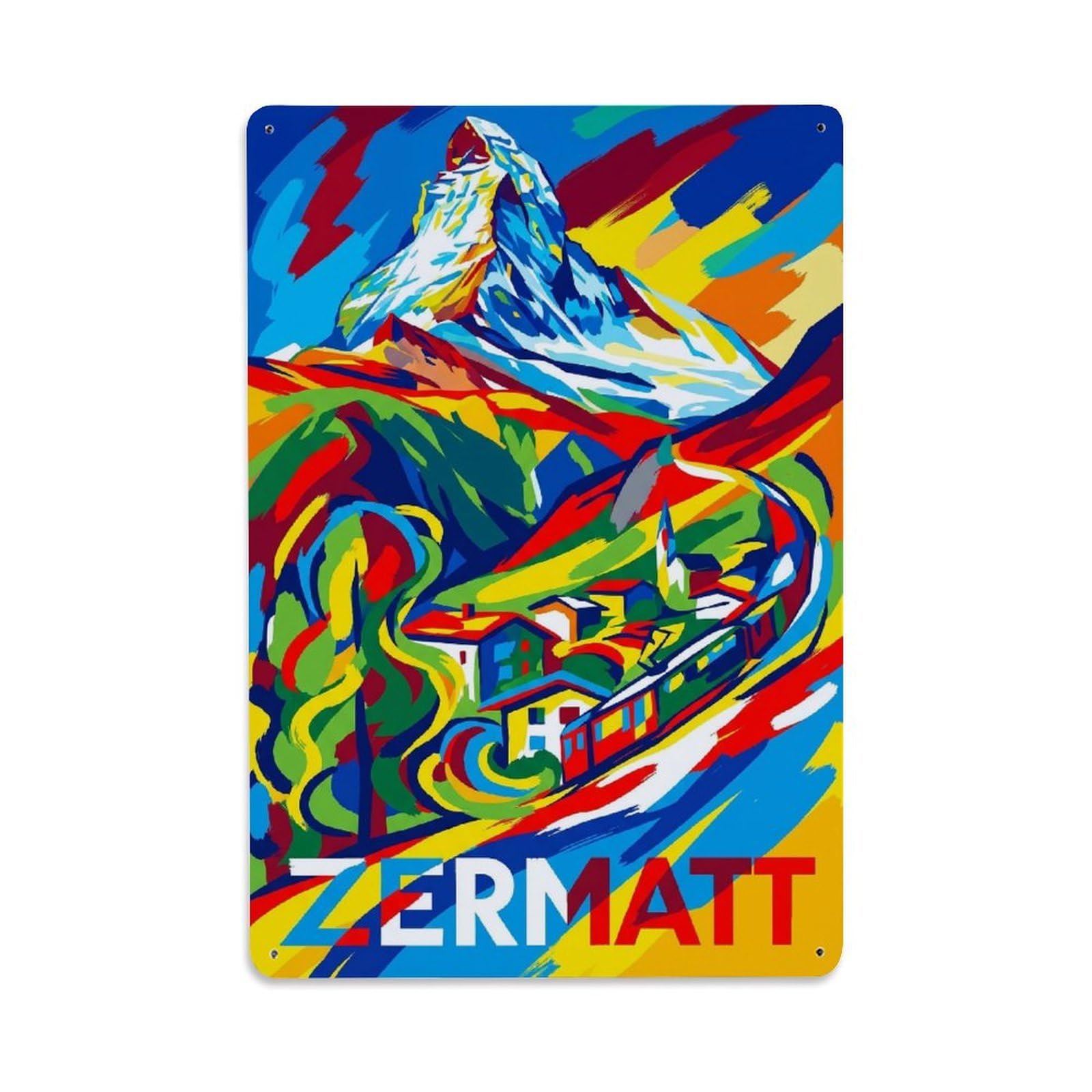 Olhnbad Style Matterhorn Zermatt Switzerland Abstract Alpine Travel Metal Tin Sign
