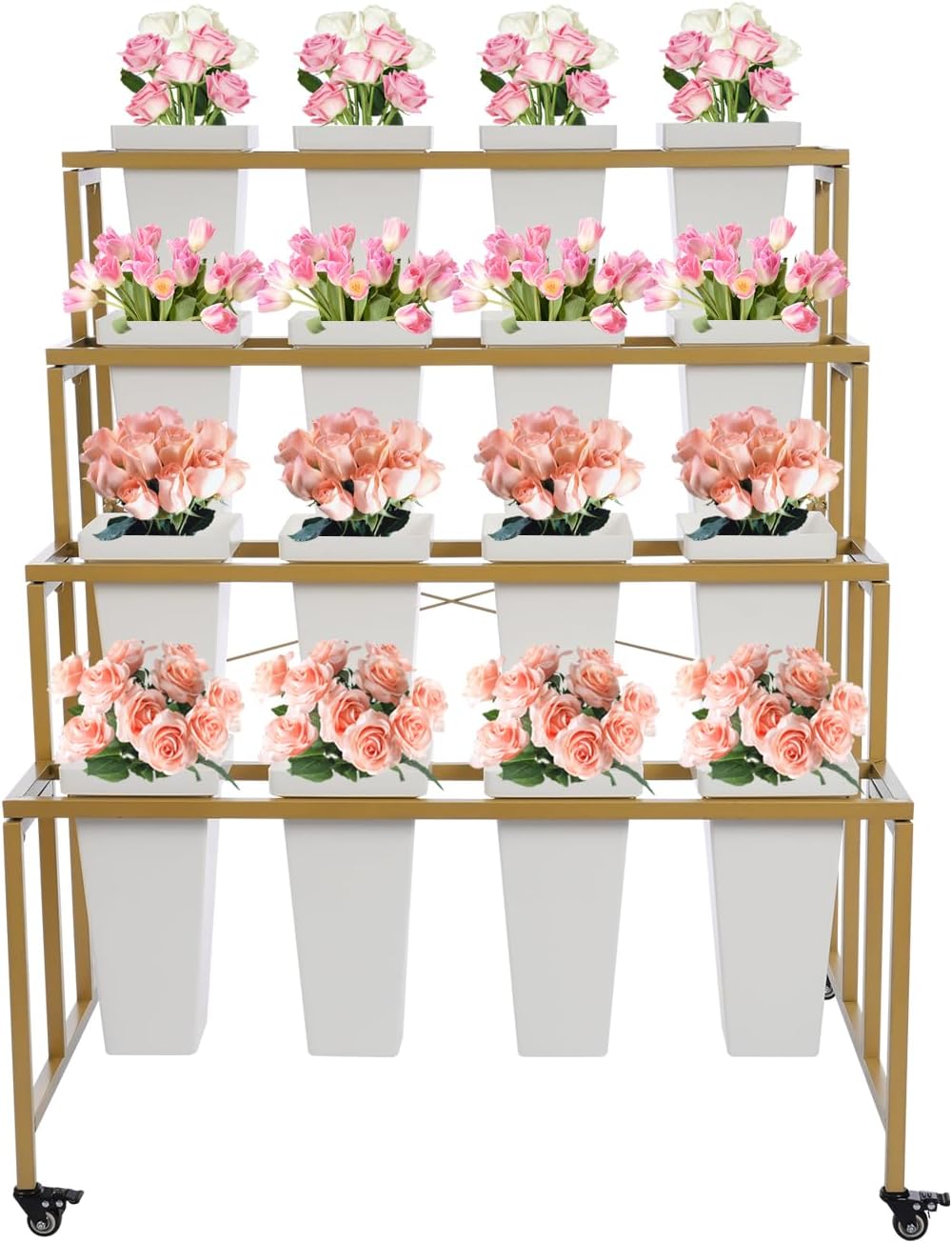 Flower Display Stand with 16 Buckets, 4 Tier Flower Cart