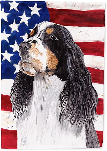 Miniatura 254 de Caroline's Treasures SS4017GF Bandera de Estados Unidos con Bulldog Inglés para jardín, bandera decorativa para patio exterior, patio, parterres,