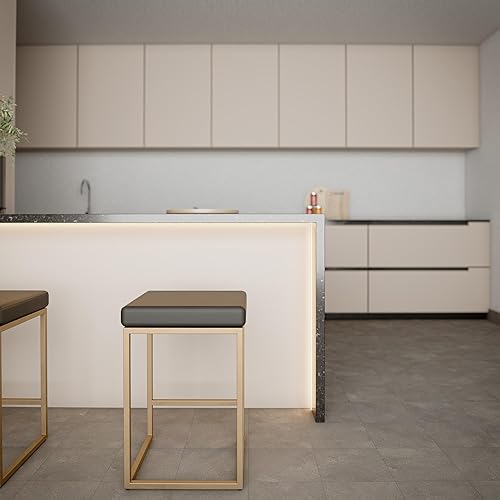 Miniatura 6 de Taburete cuadrado Adele en acero inoxidable dorado cepillado, Leathermatch negro