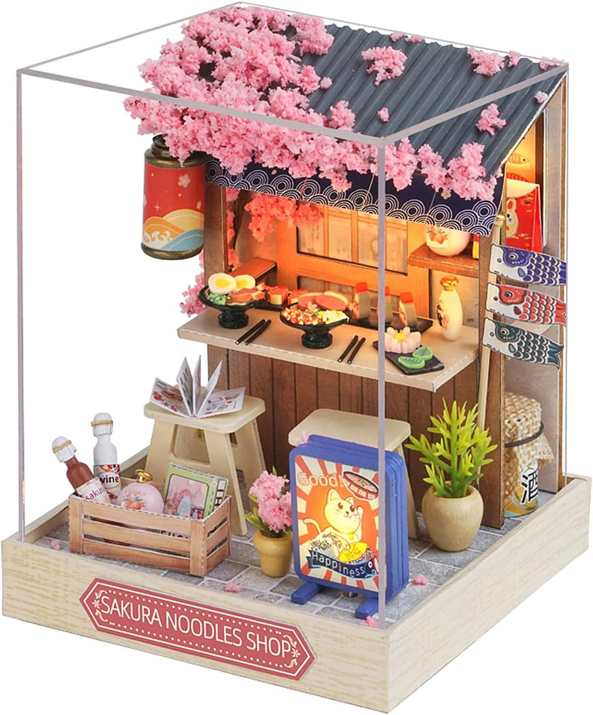 CUTEROOM Miniature Dollhouse Kit DIY Dollhouse Kit with 3D Wooden Dust Cover DIY Building for Teens Adults Birthday Gifts (Sakura)