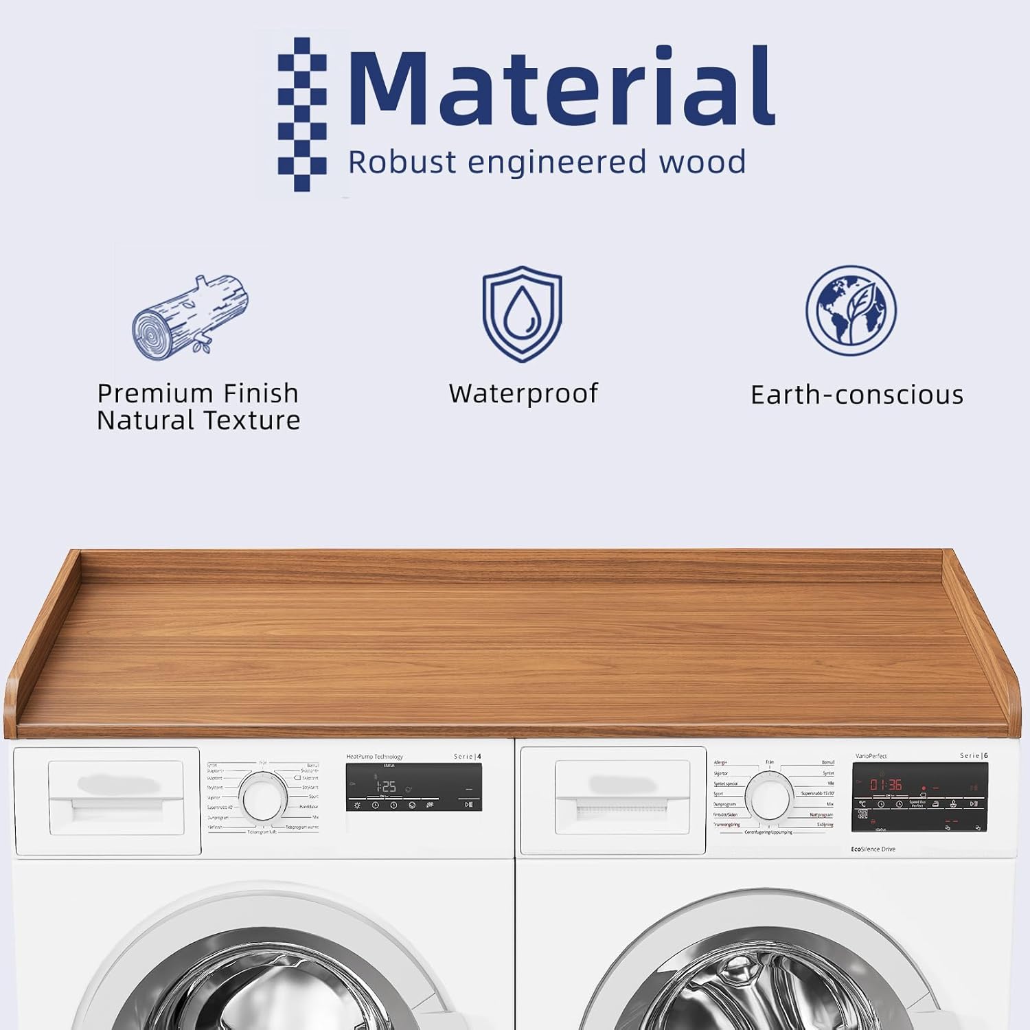 Graphic illustrating the material properties of the countertop: robust engineered wood, premium finish, natural texture, waterproof, and earth-conscious.
