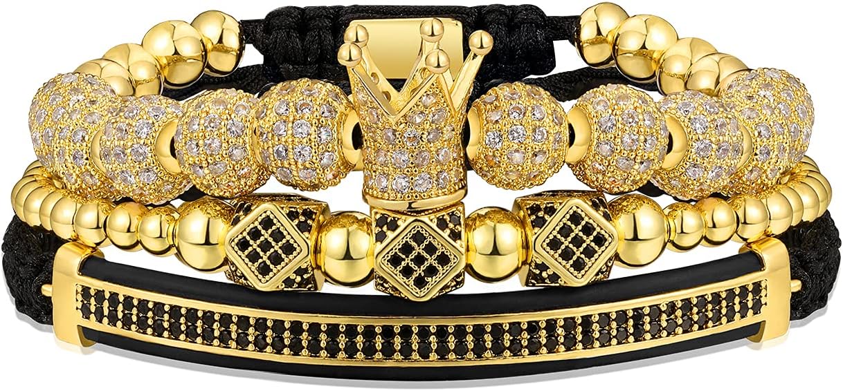 WFYOU Imperial Crown Bracelets for Men 18kt Gold Bracelet Cubic Zirconia Beads Bracelets Cross Bracelets Charm Men Luxury Gift