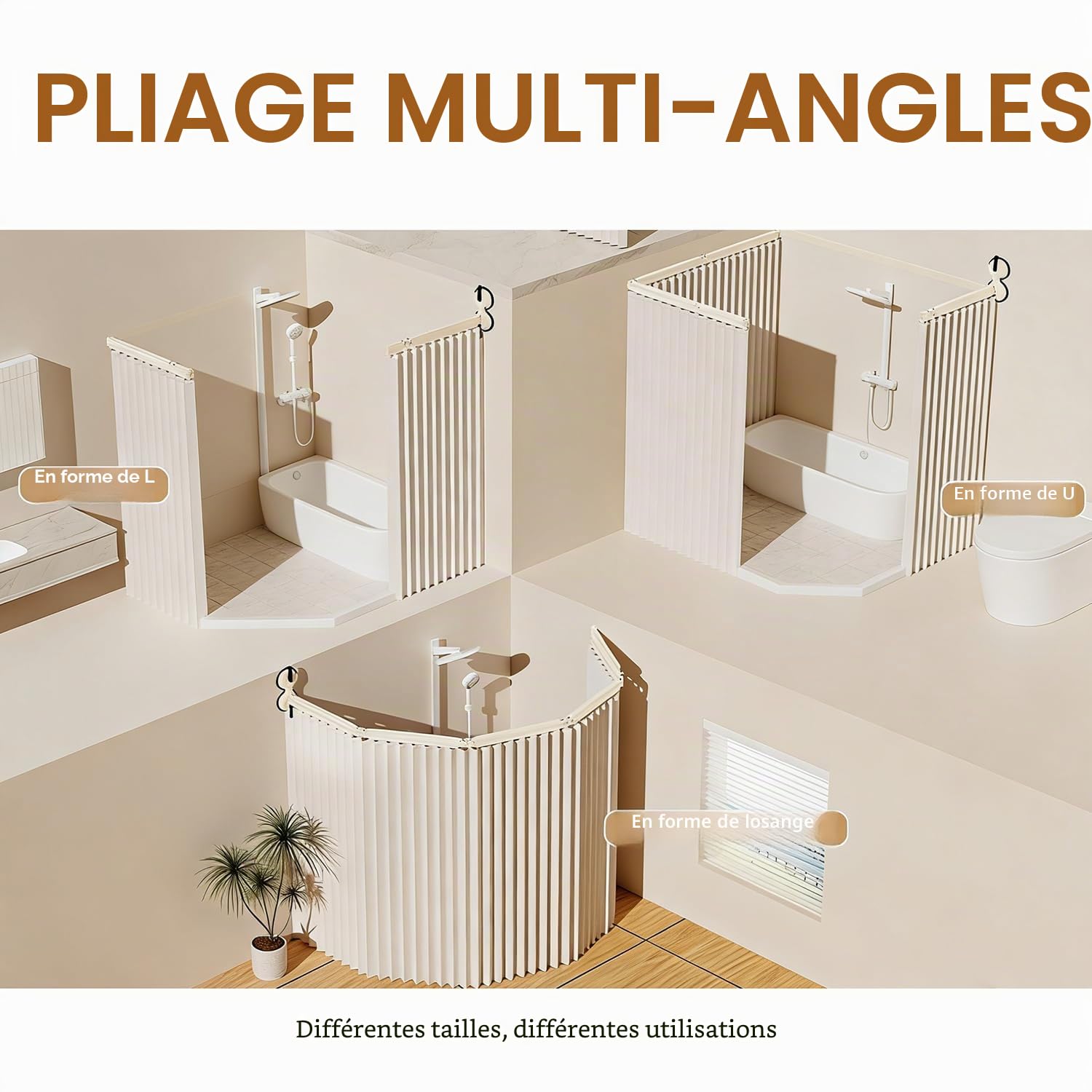 Rideau De Douche Sans Perçage,Tringle à Rideau De Douche Pliable Avec Ventouses,Résistante à La Moisissure,Imperméable,Lavable,Équipée De Ventouses Puissantes,Pour Douche d'Angle,Blanc(5 Plis,160cm)