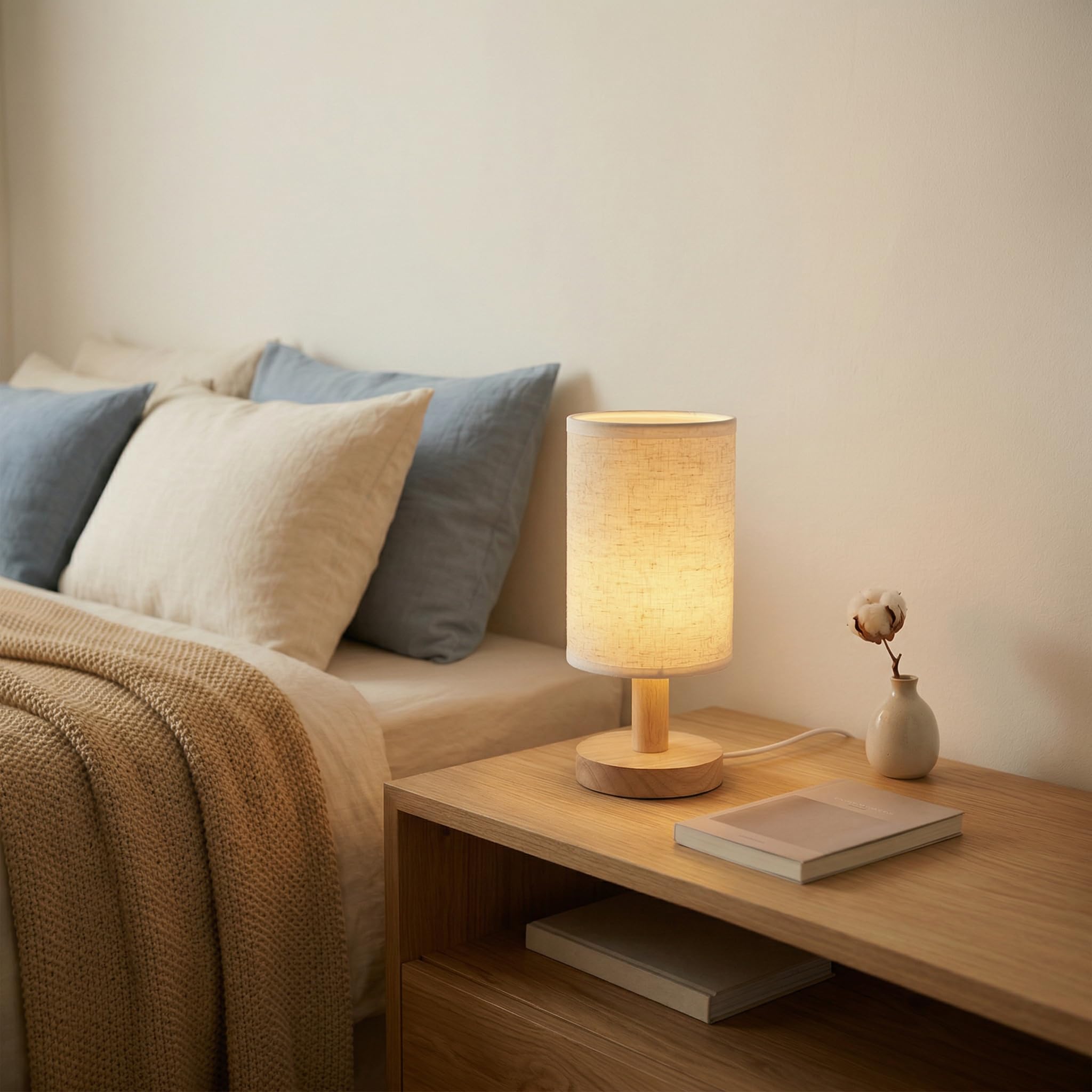 Piccola lampada da comodino con alimentazione USB, base in legno rustico minimalista e paralume in lino, luce notturna calda 2700 K, lampada da comodino bohémien, per camera da letto