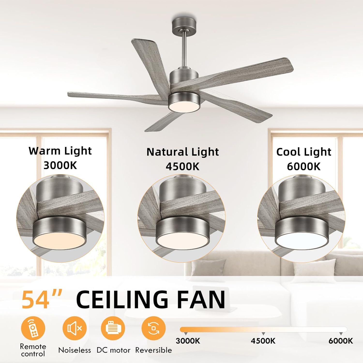 WINGBO 54" ABS DC Ceiling Fan with Lights, 5 Blade ABS Wood Grain Ceiling Fan with Remote, 6-Speed Reversible DC Motor, LED Ceiling Fans for Kitchen Bedroom Living Room, Antique Nickel and Grey - Image 7