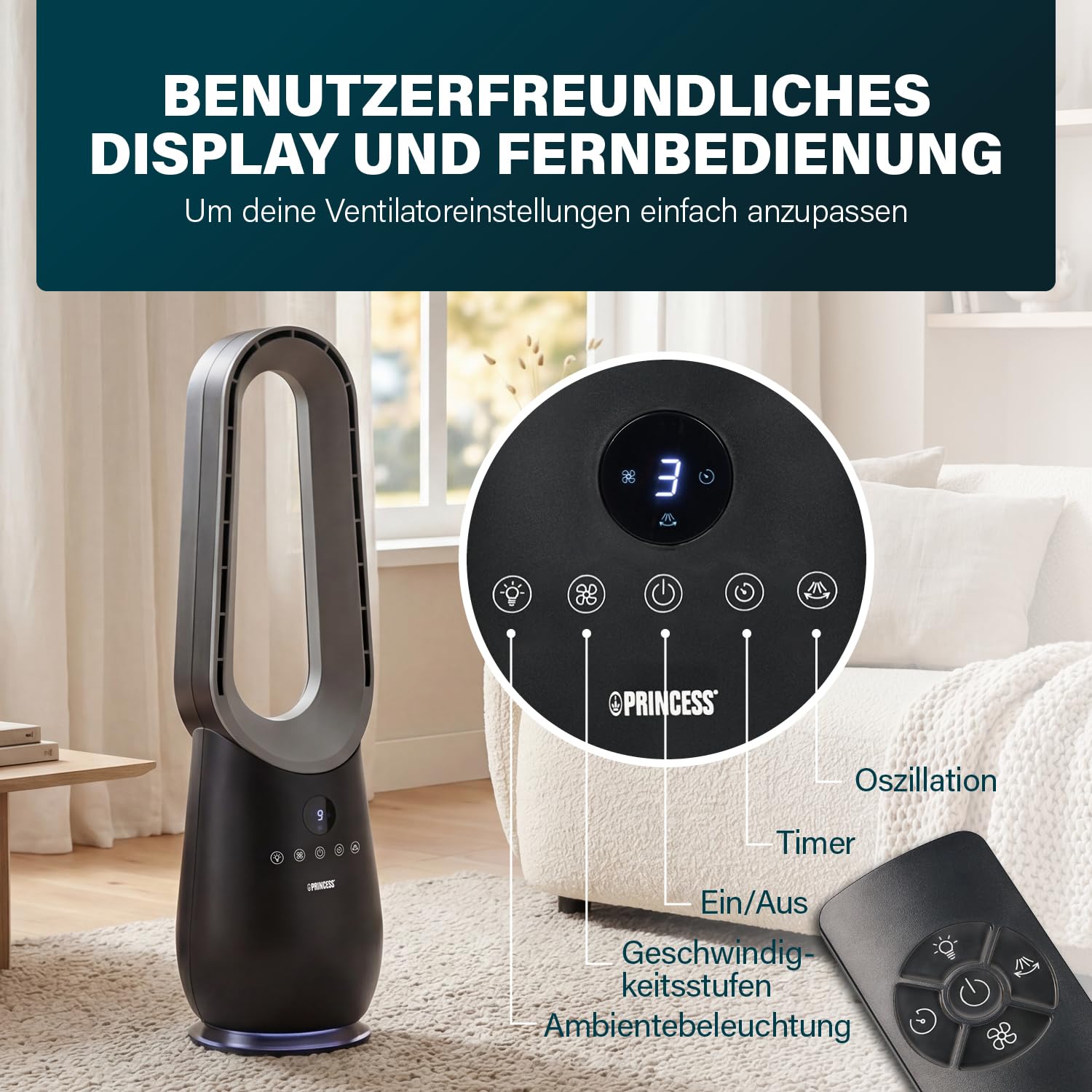 Princess Ventilator ohne Blätter – 70 W – Stimmungslicht – Niedriger Verbrauch – 75°-Oszillation – 3 Geschwindigkeiten – 351590