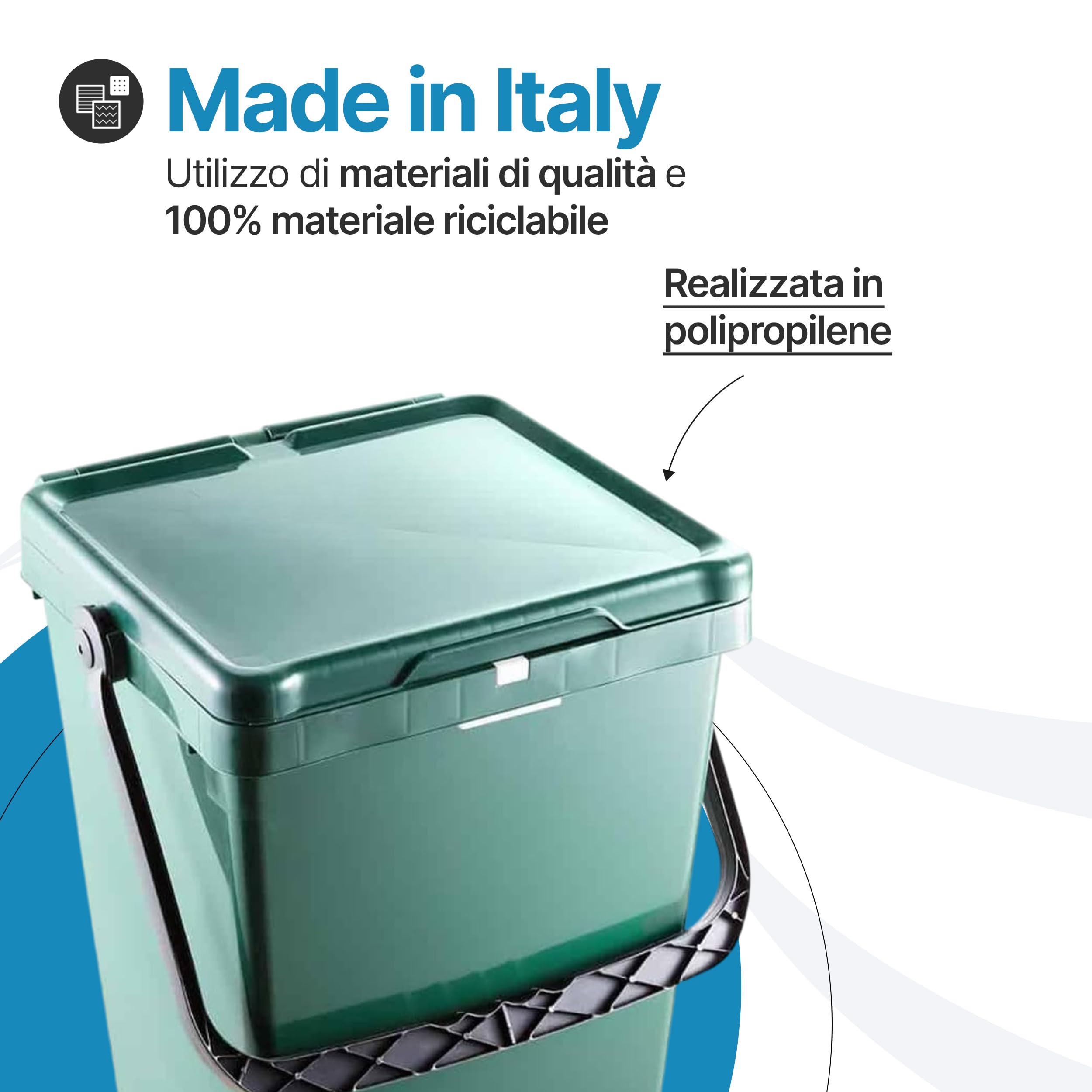 Tomaino - Pattumiera Raccolta Differenziata 20 lt - Bidone Umido, Vetro, Carta e Plastica con Manico Anti Randagismo - Cestino Secchio Spazzatura per Cucina ed Esterno - Verde