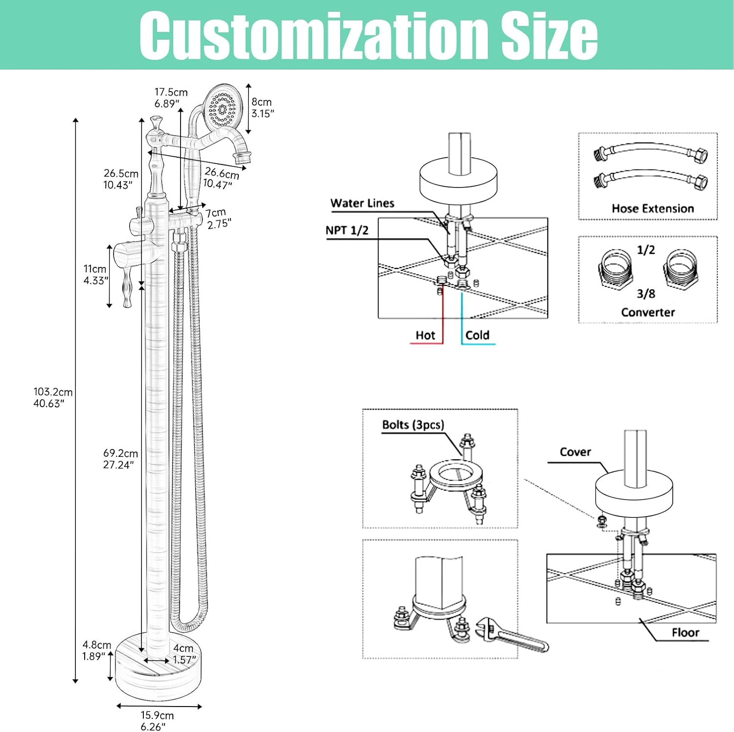 Hoimpro Free Standing Tub Faucet Freestanding Tub Filler Bathtub Faucet Stand Alone Floor Mounted Bathtub Faucet Set Handheld Sprayer Brass Matte Black
