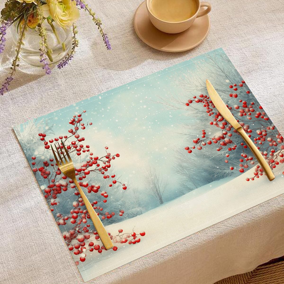 Inverno Fiocchi Di Neve Tovaglietta americana 8 pezzi in Cotone e lino 45x30 cm, Astratto Foresta Bacche Tovagliette da tavolo per colazione e merenda Antimacchia, Azzurro