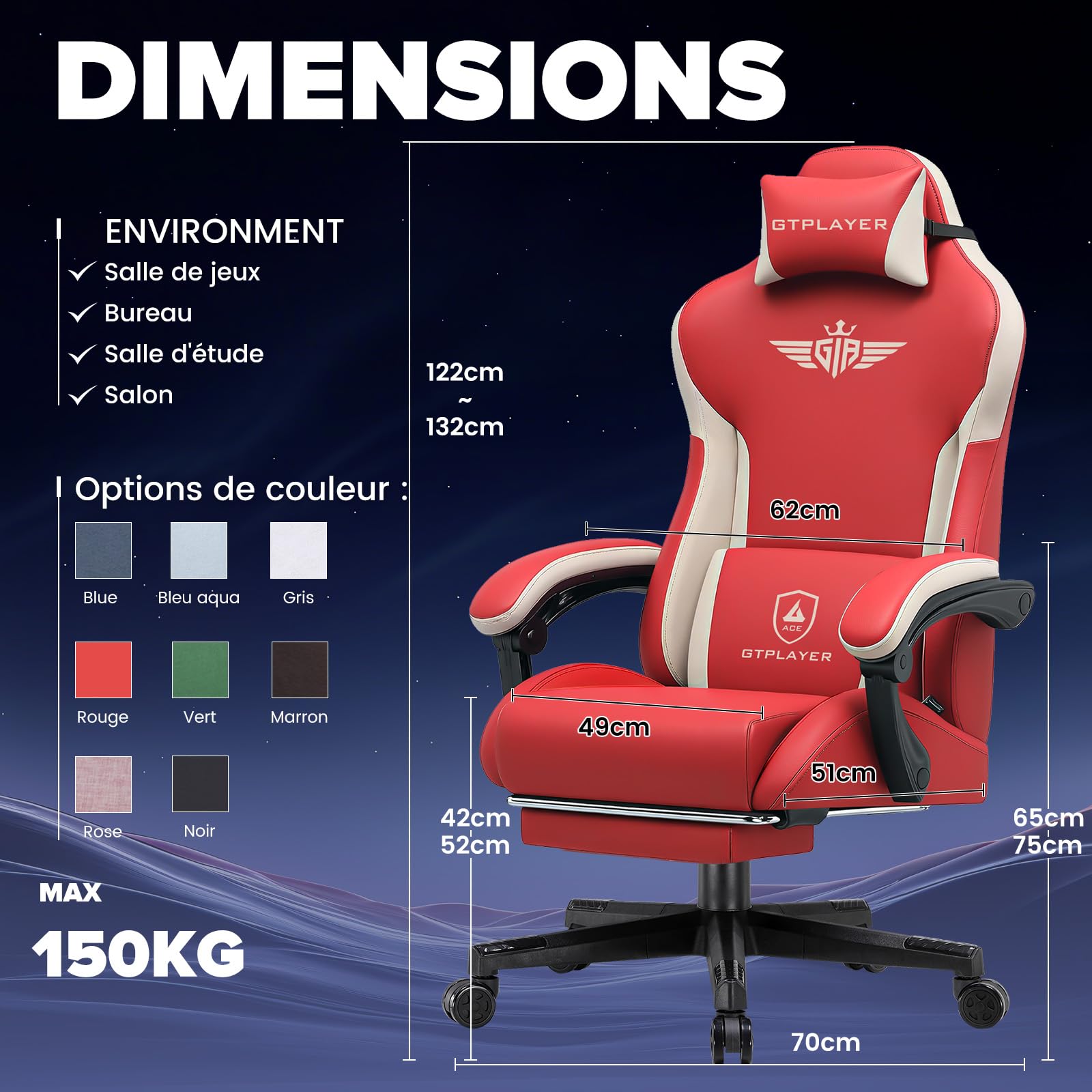 GTPLAYER Chaise Gaming Ergonomique, Fauteuil de Bureau avec Dossier Réglable et Élargi, Appuie-tête et Soutien Lombaire, Hauteur Réglable, Charge 150 kg, en Tissu Technique, Rouge