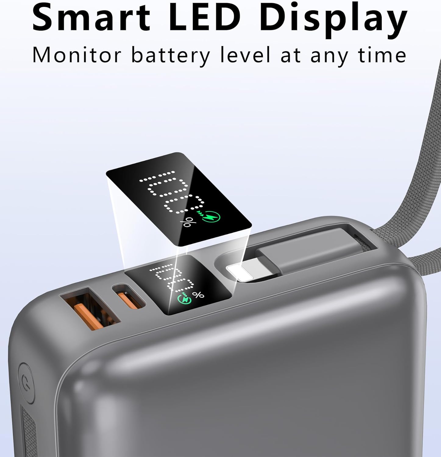 VINKO Portable Charger with Built in Cable Power Bank 22.5W 20000mAh Fast Charging USB C in & Out LED Display Phone Battery Pack Compatible with iPhone Samsung Android Phones Tablets (Gray)