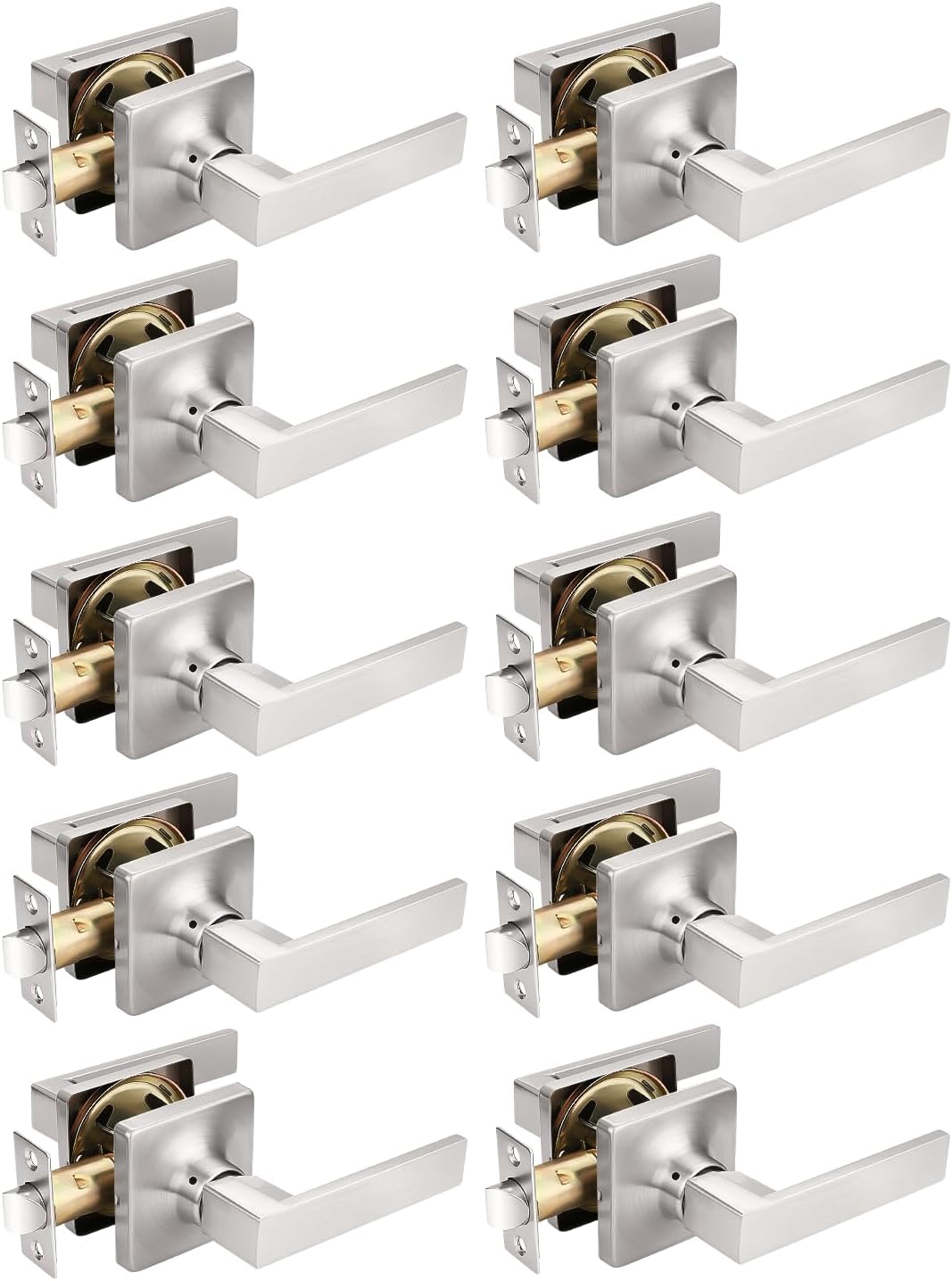 Mengico 10 Pack Keyless Square Door Handles,Satin Nickel Reversible Non-Locking Handle Lever,Passage Door Knob Set,Lever for Closet and Hallway Doors