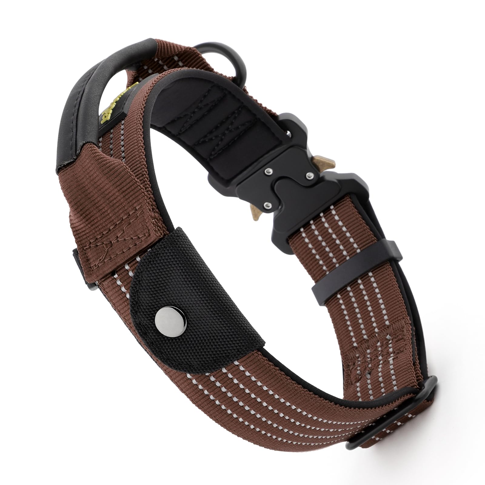 Plutus Pet Tactical Dog Collar with Tracker Pocket for AirTag, Adjustable Reflective Nylon Collar, Metal Buckle, Leather-Wrapped Handle, Soft Padded for Medium Large Dogs (Chocolate, S)