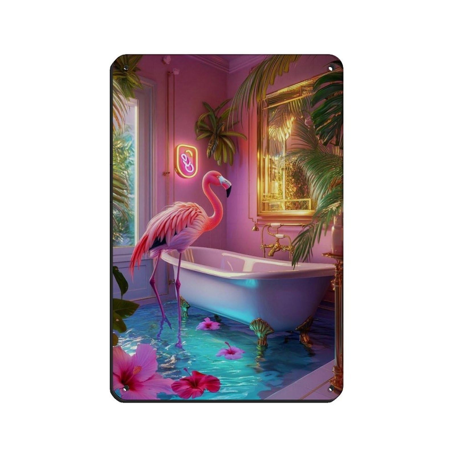 Flamingo in Tropical Bathroom Retro Poster Metal Tin Sign Chic Art Retro Iron Painting Bar People Cave Cafe Family Garage Poster Wall Decoration 8x12inch(20x30cm)