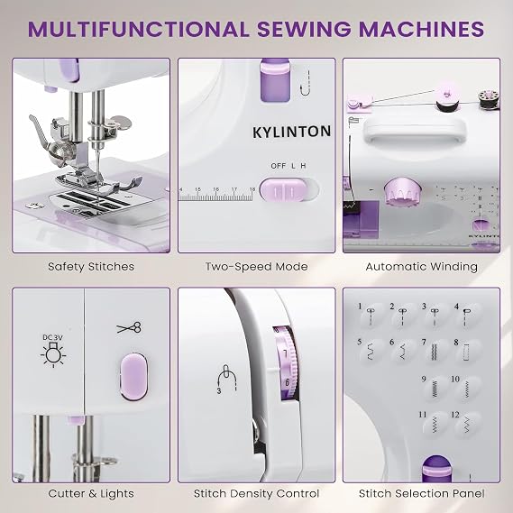 Mini Sewing Machine for Beginner, Portable Electric Sewing Machines, Small Home Sewing Machine with LED Light, 12 Built-in Stitch Patterns with UK Plug, 2 Speed with Foot Pedal, Household Stitch Tool