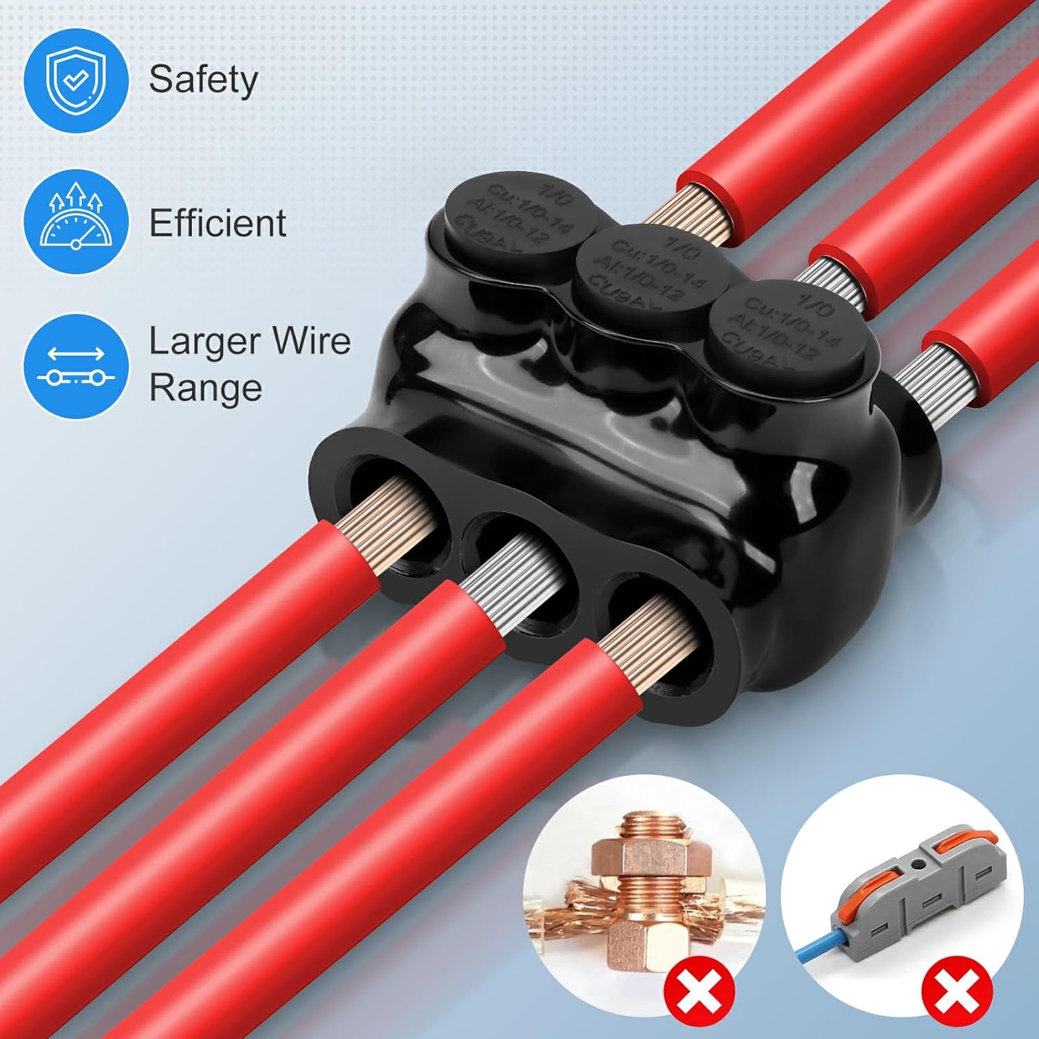 10 Pcs Insulated Multi Cable Connectors Black 3 Port Splice Multi Tap Connector Dual Sided Entry Aluminum Wire Connector Electrical Power Connectors (1/0-14 Wire Range)