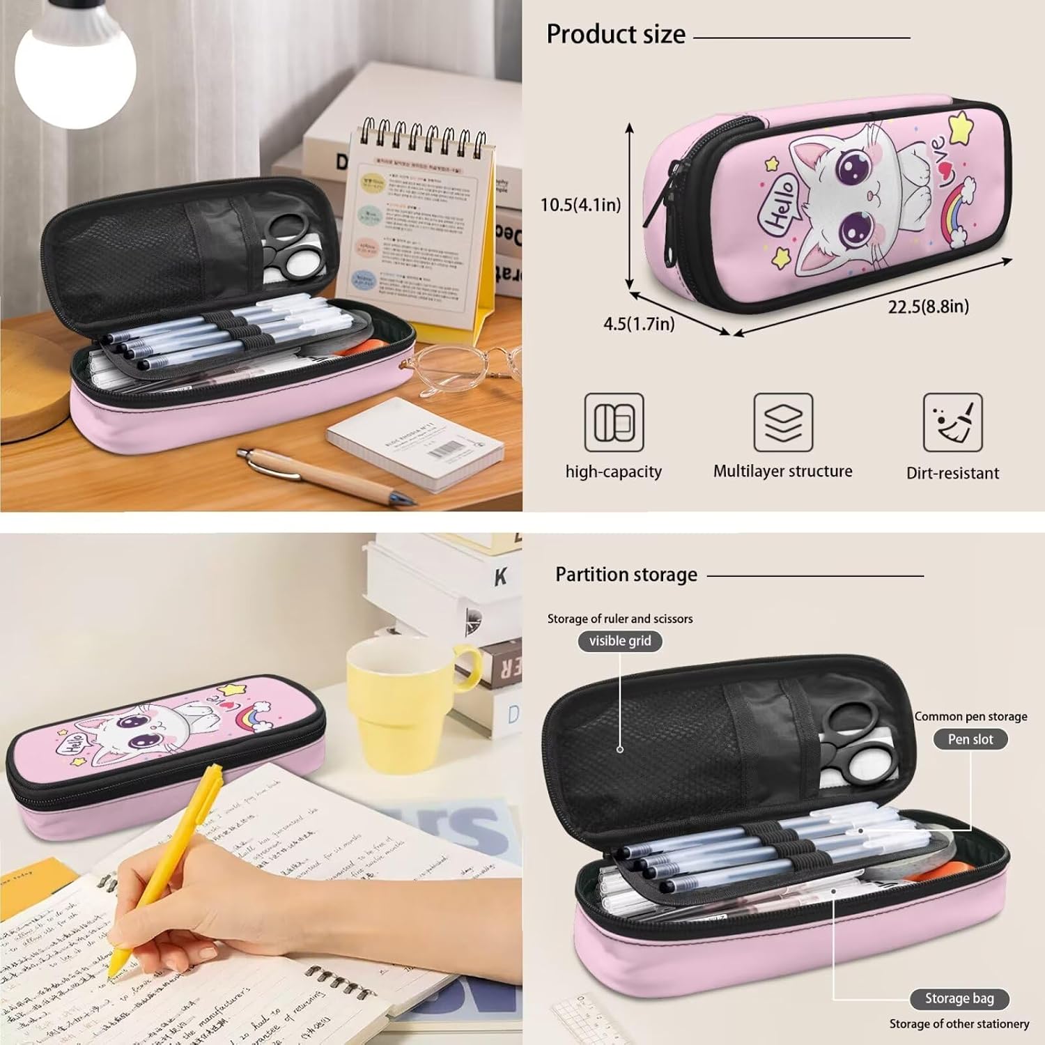 Cute Cat Backpack for Girls Kids Backpack with Lunch Box and Big Pencil Case 3 Pcs Set 15" Large Capacity Bookbag with Front Pocket for School Lightweight School Bag for Kindergarten Girl