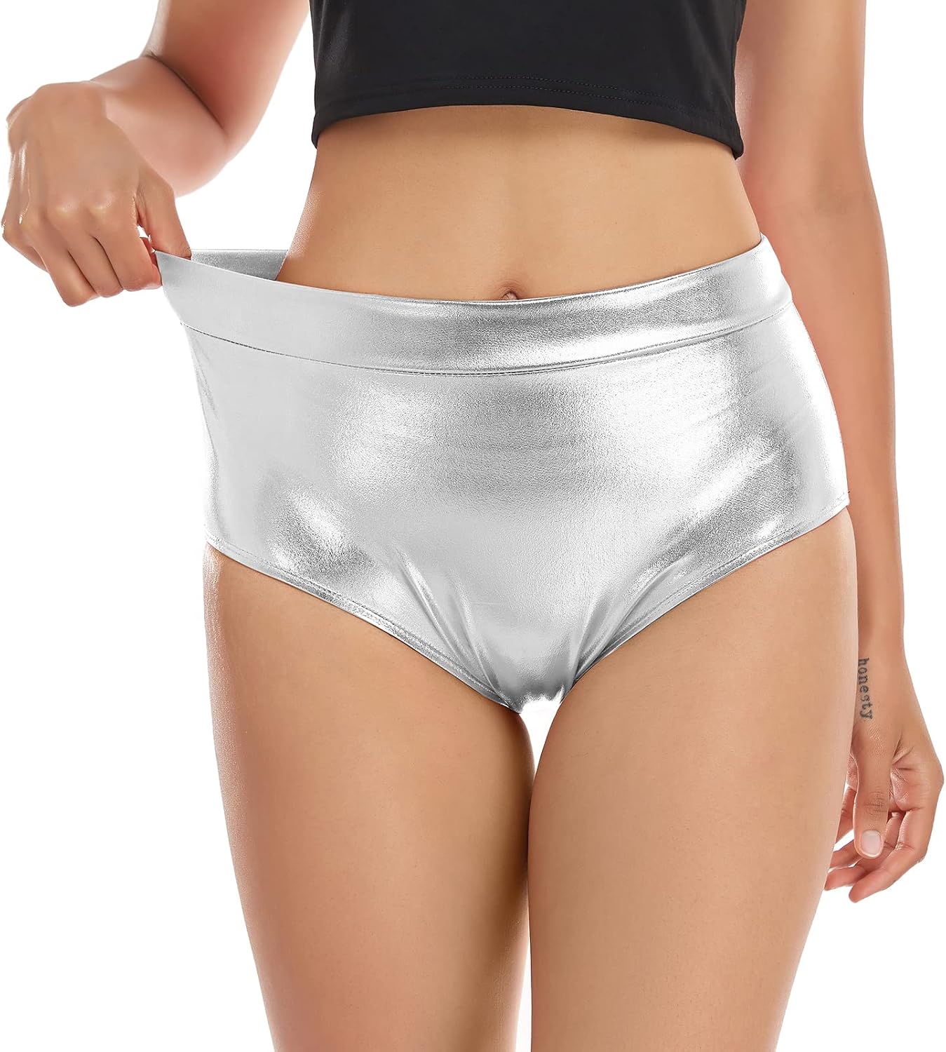 Kepblom Womens Shiny Metallic Booty Shorts High Waisted Rave Bottoms for Dance Festival