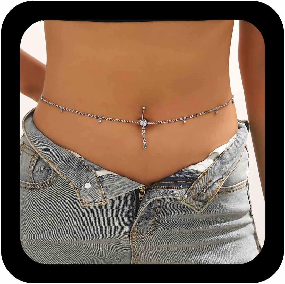 Silver Rhinestone Body Chain Sexy Belly Button Ring with Waist Chain Shiny Crystal Navel Ring Dangling Belly Chain Beach Bikini Body Chain CZ Body Piercing Jewelry for Women