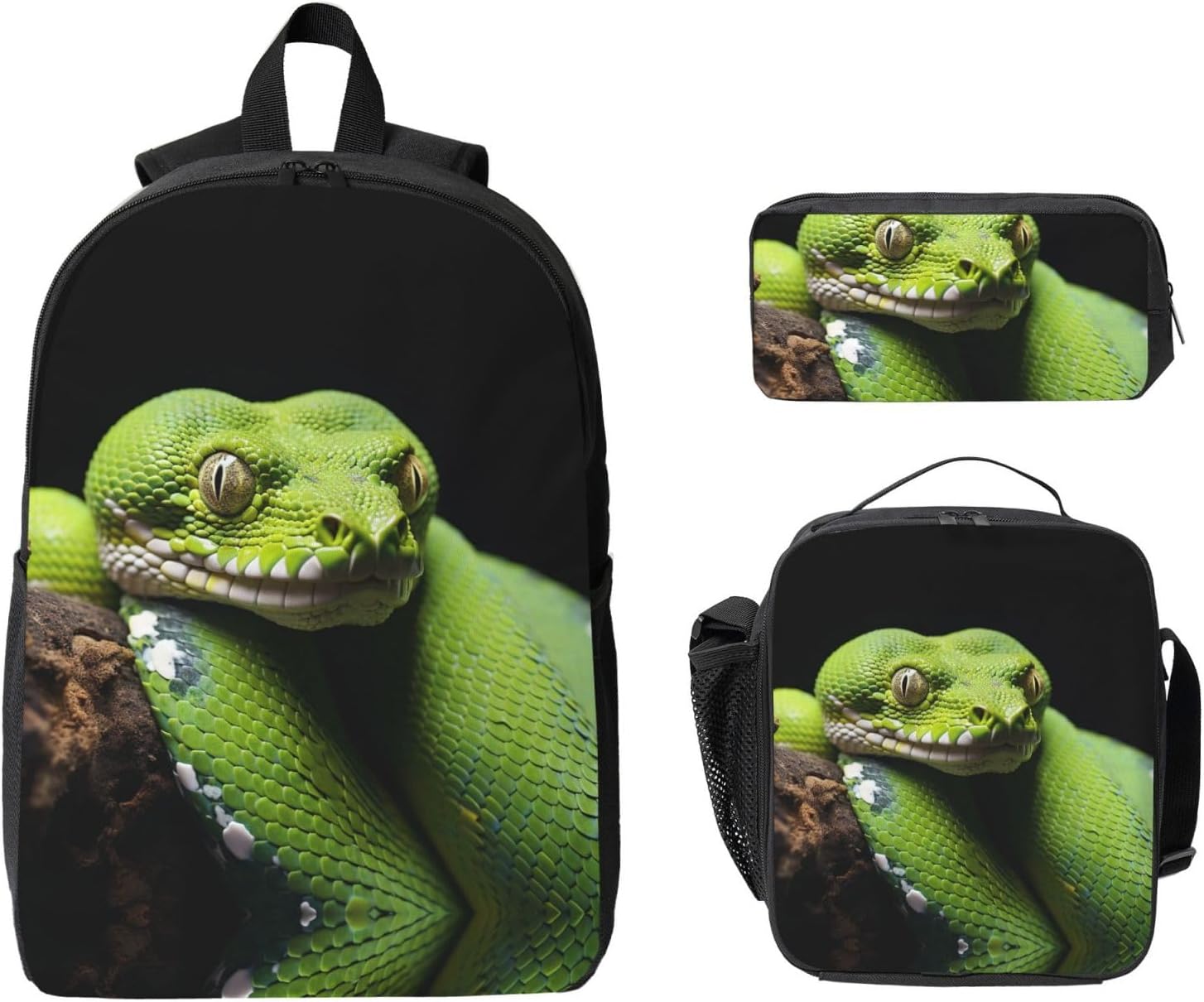 cute green tree python Backpack Set 3 PCS - 17 Inch Laptop Backpack with Lunch Bag, Waterproof Daypack Insulated Lunch Box Large Capacity Coin Pouch Personalized Gift image 2