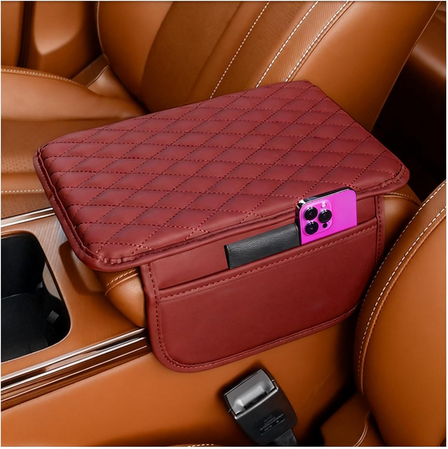 Automotive Central Console Cover, Leather Car Armrest Cushion with Dual Storage Compartments, Universal Interior Accessory Compatible with Most Vehicles (Black)