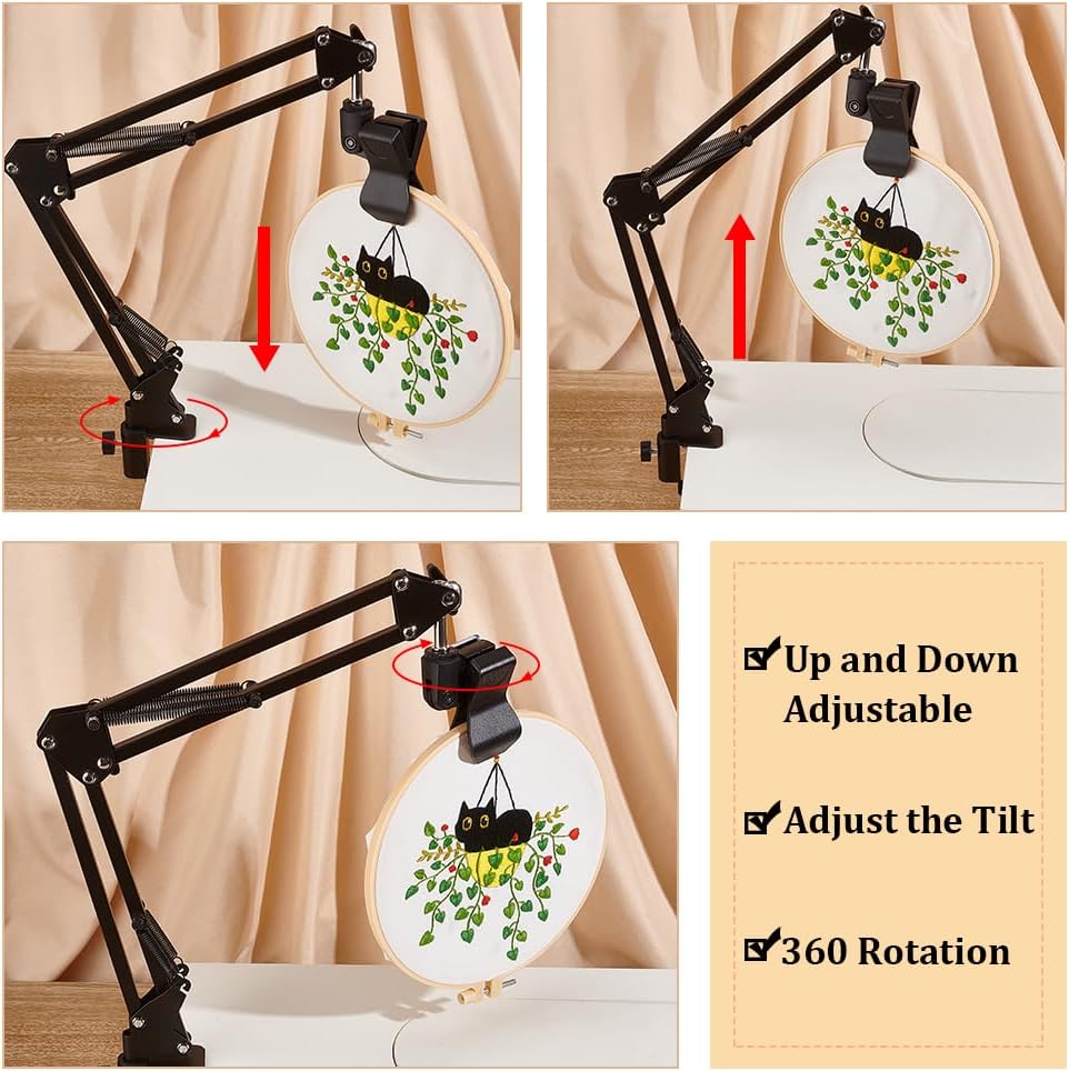 OLYCRAFT Black Embroidery Table Stand Kit 8mm Hole Hand Embroidery Lap Folding Cross Stitch Stand Clamp Hand Embroidery Hoop Holder 360 Rotated Embroidery Holder
