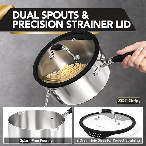 Miniatura 4 de MICHELANGELO Juego de cacerolas de acero inoxidable triple con tapa colador, olla de salsa resistente con tapa, olla de salsa multiusos compatible