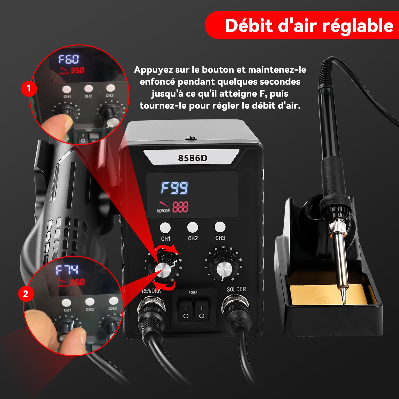 2 en 1 Ensemble de 760W Station de Soudage, Affichage Numérique 180-500 °C Fer À Souder + Pistolet À Air Chaud 8586D, Outil de Dessoudage, pour La Réparation D'Appareils Électroniques Domestiques