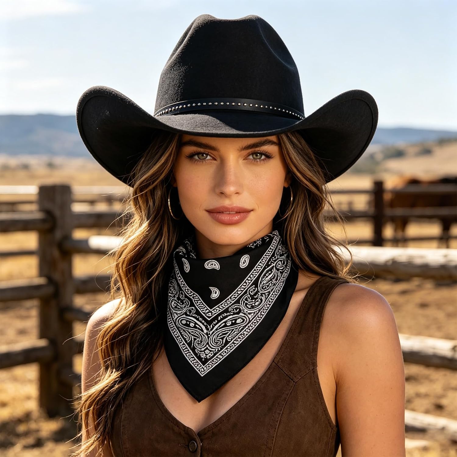 Classic Western Cowboy Hat, Unisex Felt Cowboy hat with Wide Brim and Band, Ideal for Rodeos, Costume Parties, Outdoor Wear, Size:M Black
