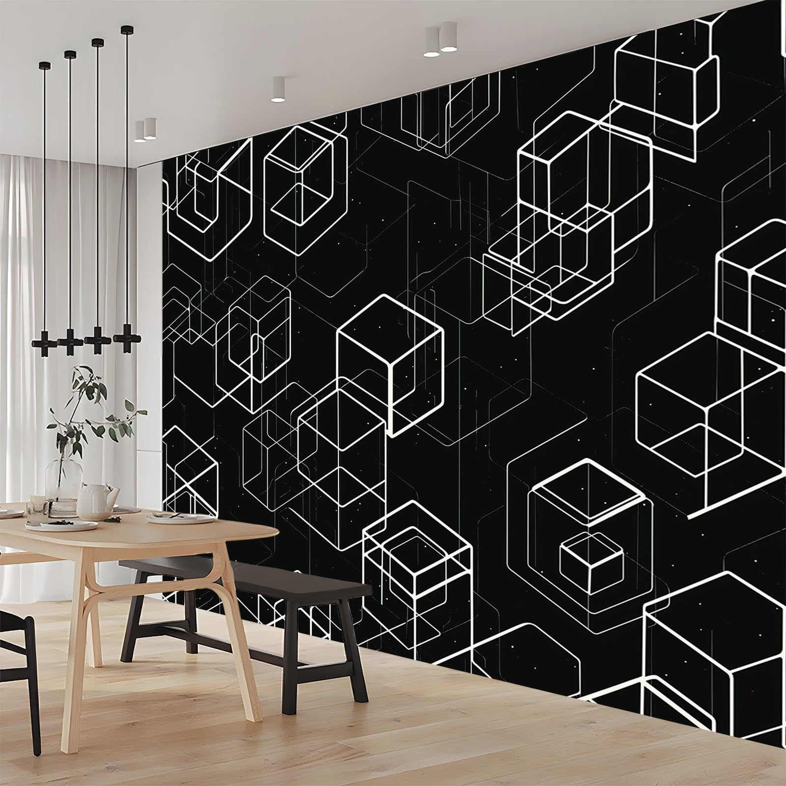 Fototapeta panorama, efekt 3D, biała, czarna, tapeta z włókniny, obraz ścienny, dekoracja ścienna, linie, prosta geometria, fototapeta ścienna, plakat fotograficzny, dekoracja ścienna, 250 x 175 cm