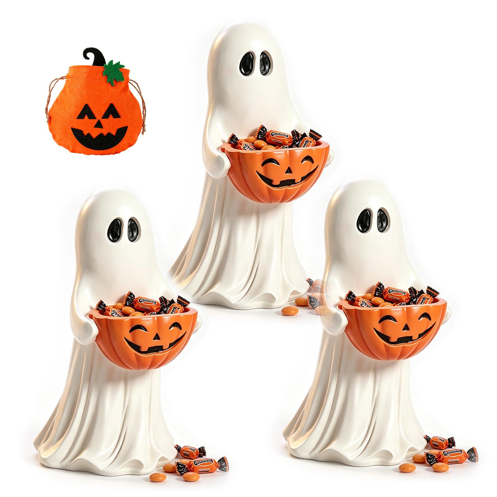 14 Inch Resin Ghost Statue with Pumpkin Candy Bowl, Halloween Décor (3PCS)