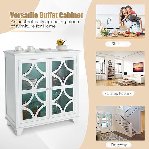 Miniatura 8 de Giantex Aparador de buffet, armario de cocina independiente con estante ajustable, 2 puertas decorativas de vidrio, organizador de almacenamiento