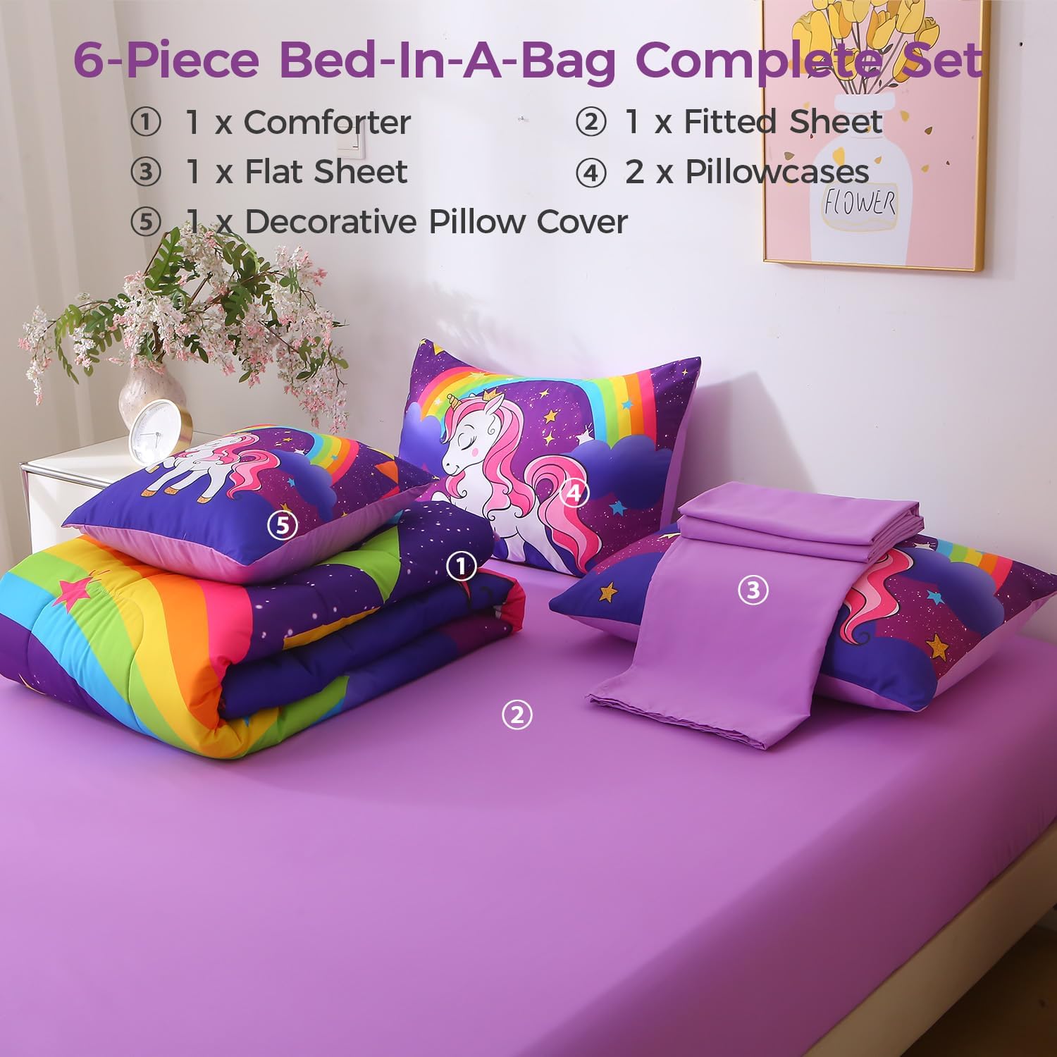 JQinHome Twin Comforter Set - 6 Pieces Rainbow Unicorn Bedding Set for Girls, Bed in a Bag with Galaxy Star Comforter, Sheets, Pillowcases & Decorative Cushion Cover