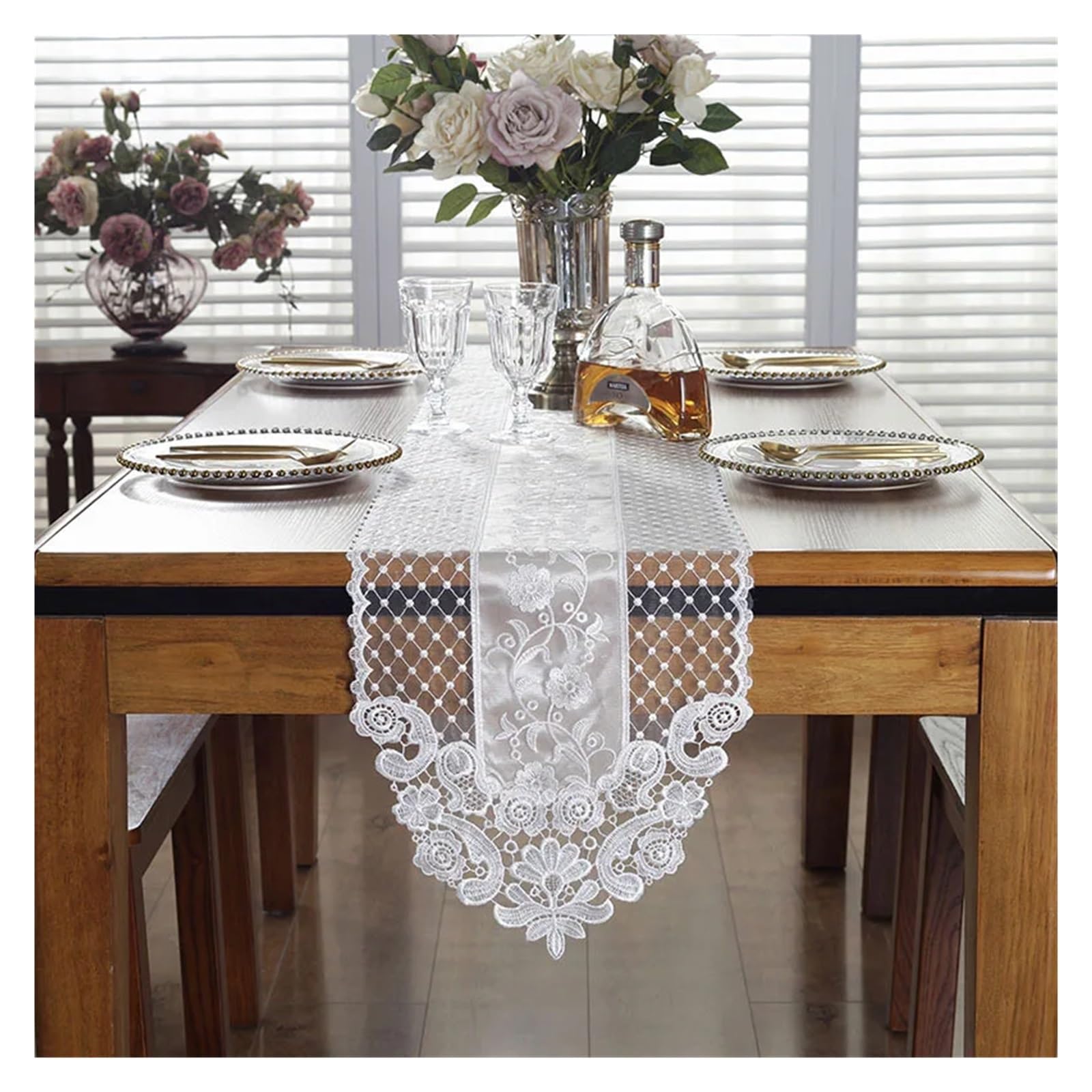 Haftowana koronka w kolorze białym, prosta bieżnik na stolik kawowy, flaga, obrus na szafkę, dekoracja na wesele i święta(Light Champagne,30x120cm)