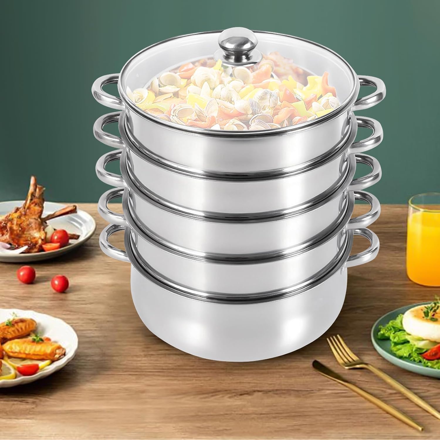 5 Tier Stainless Steel Steam Cooker Steamer Set Pan Cook Pot with Glass Lid USA
