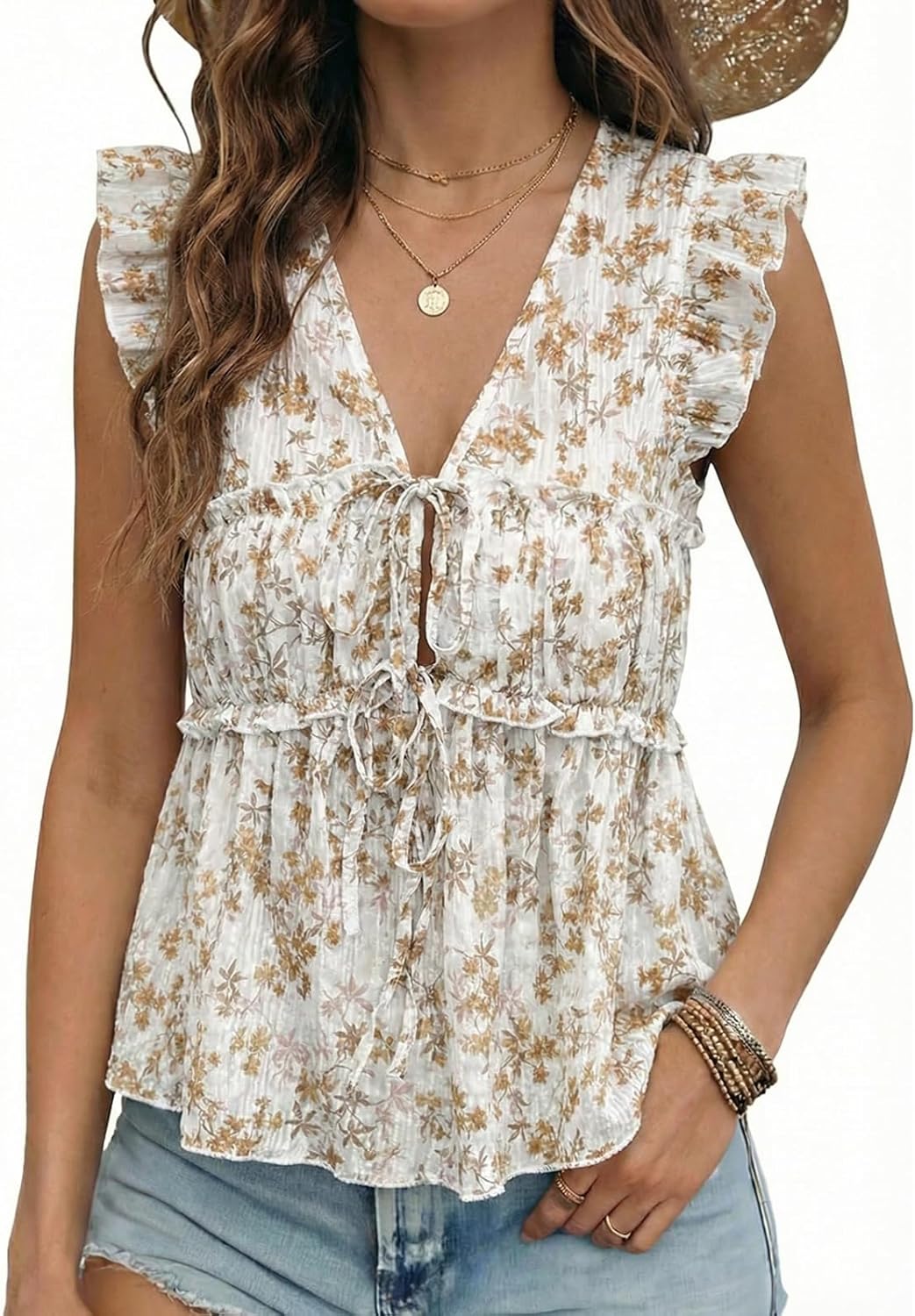 Acelitt Womens V Neck Ruffle Cap Sleeve Tie Front Tops,S-XXL