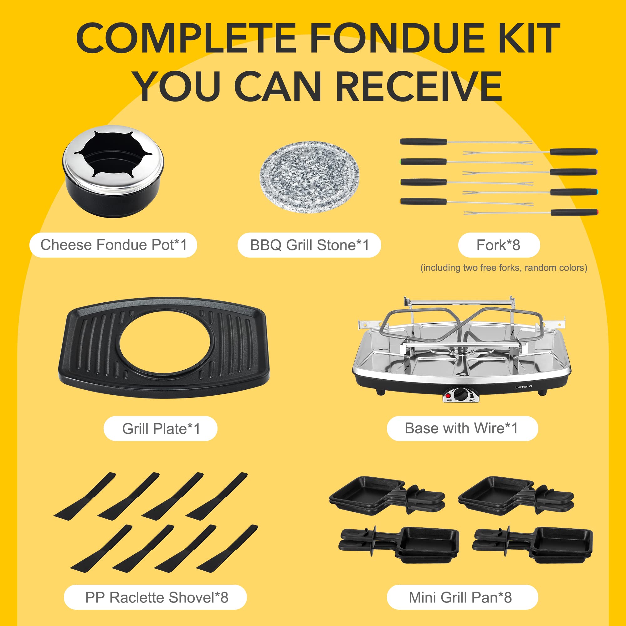Befano Elektrischer Raclette-Grill mit Fondue-Topf-Set, tragbarer koreanischer Tischgrill für Käse, mit zwei verstellbaren Thermostaten, ideal zum Servieren von 8 Personen, perfekt für