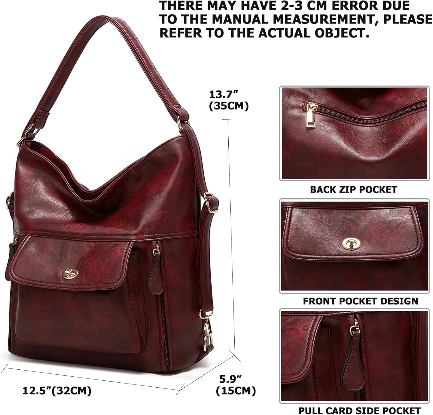 myfriday Vintage Leather Fashion Backpack Purse for Women Large Capacity Convertible Backpack Travel Daily Daypack (Burgundy) - Image 4