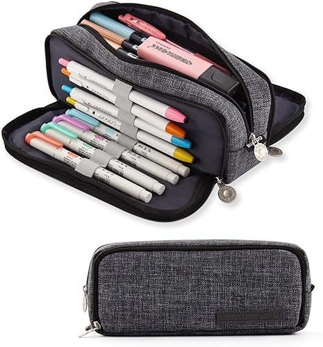 ANGOOBABY Estuche grande de gran capacidad, 3 compartimentos, estuche de lona para adolescentes, niños, niñas, estudiantes escolares (negro)