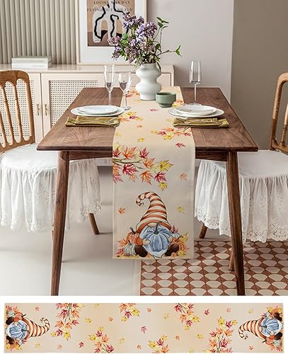 Miniatura 3 de Camino de mesa de gnomos de Acción de Gracias, calabazas azules, 48 pulgadas de largo, hojas de árbol de arce de otoño, camino de mesa auxiliar,